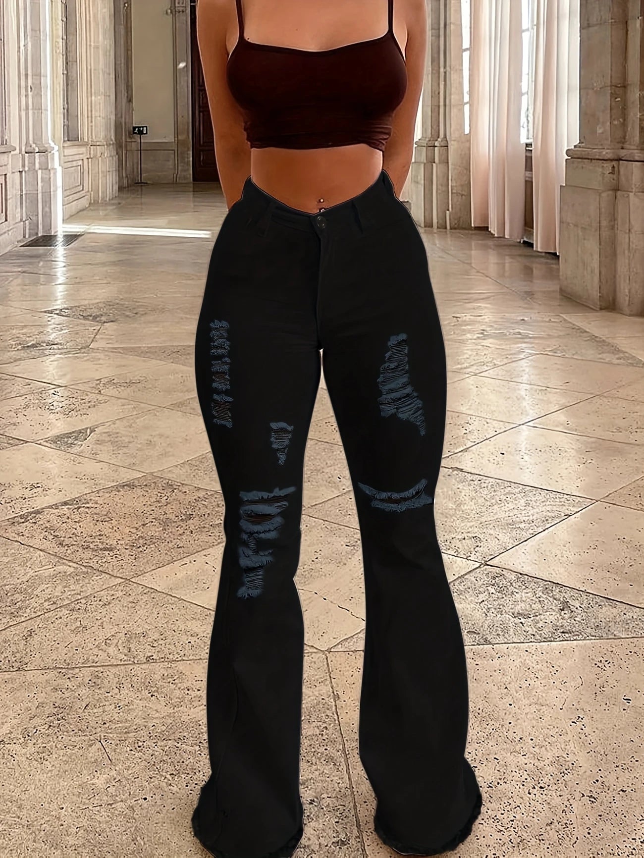 Ripped Wide Leg Chic Denim Jeans