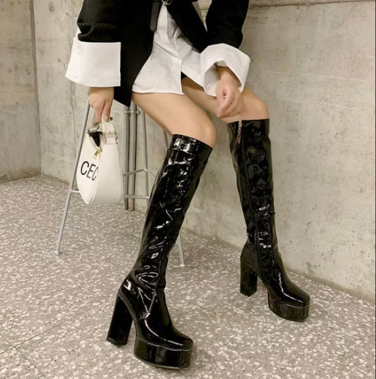 Sexy Exclusive Patent Leather Crocodile Heel Knee High Boots