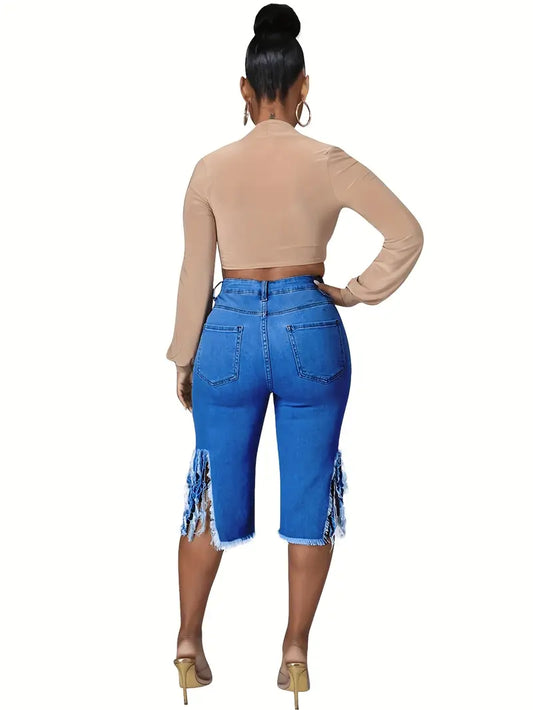 High End Distressed Denim Fringe Shorts