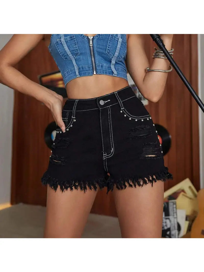 Distressed Tassel High Waist Shorts