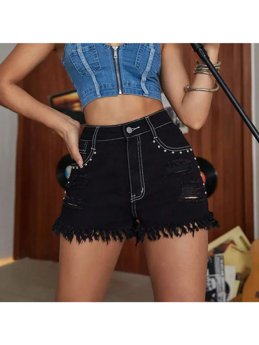 Distressed Tassel High Waist Shorts