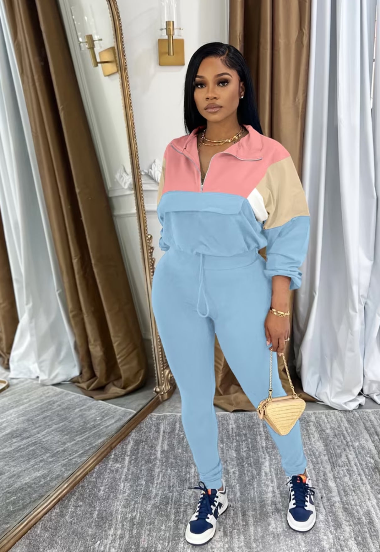 Solid Casual Quarter Zip Two Piece Set