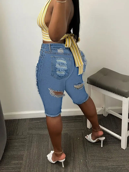 High Waisted Distressed Denim Shorts