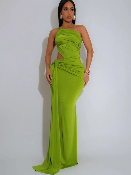 Priceless Sexy Elegant One Shoulder Split Maxi Back Cut Dress