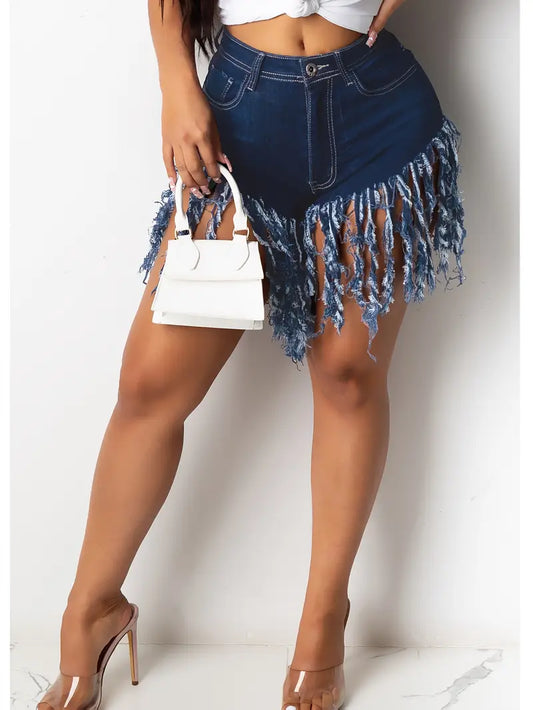 High Waisted Denim Shorts With Tassels