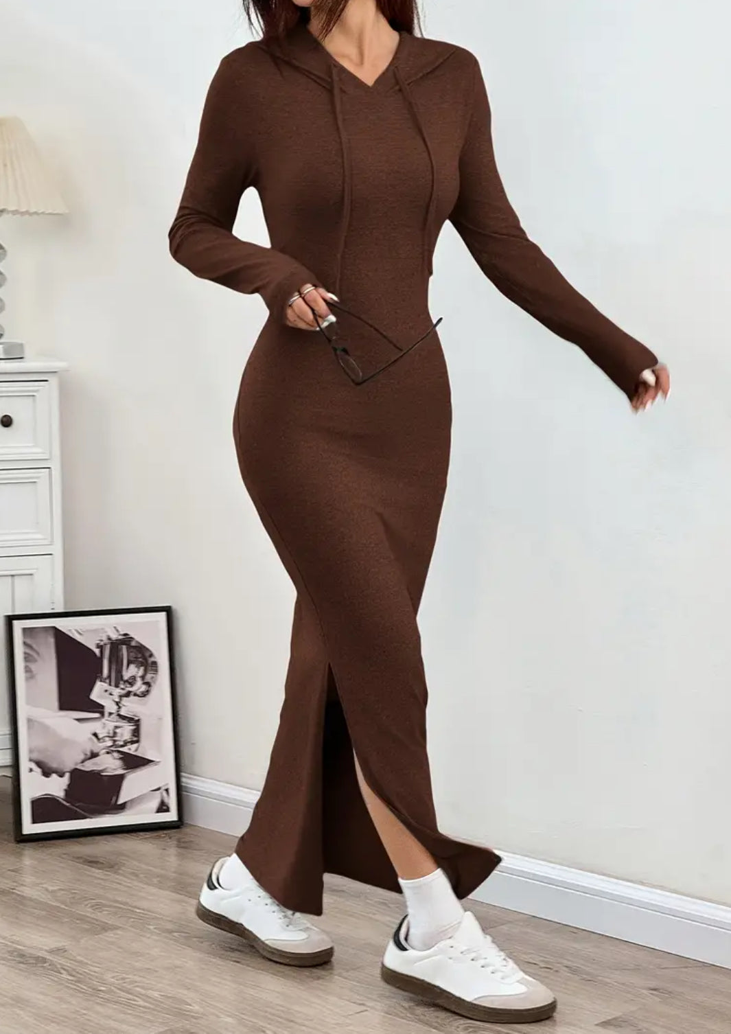Casual Longsleeve Hooded Split Dress