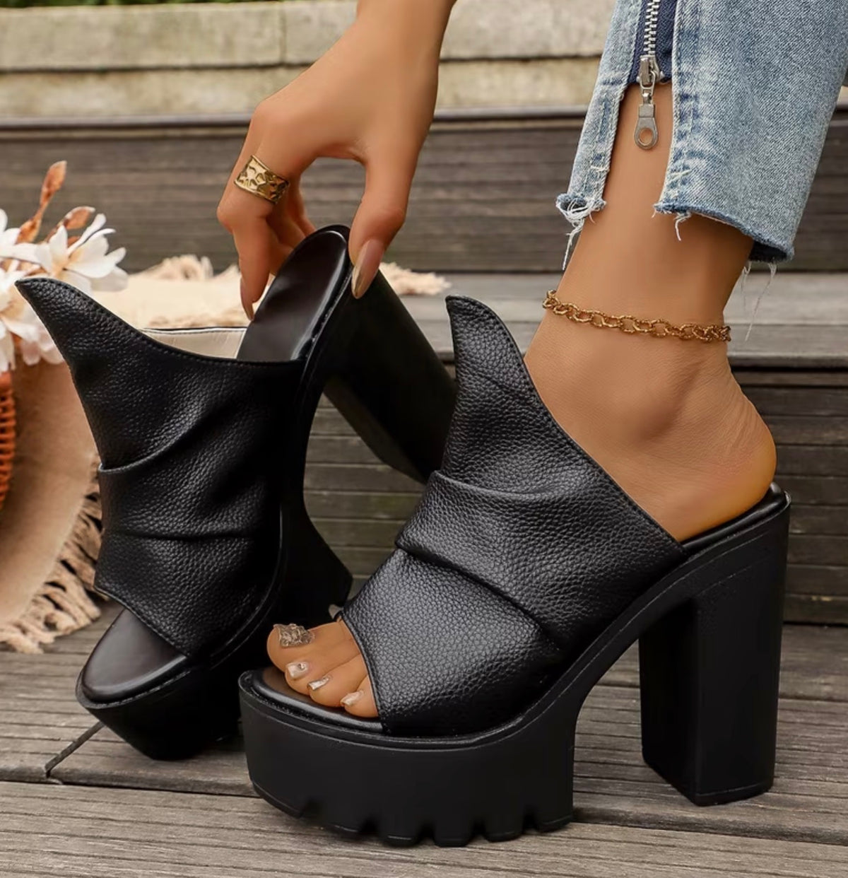Open Toe Leather Platform Heels
