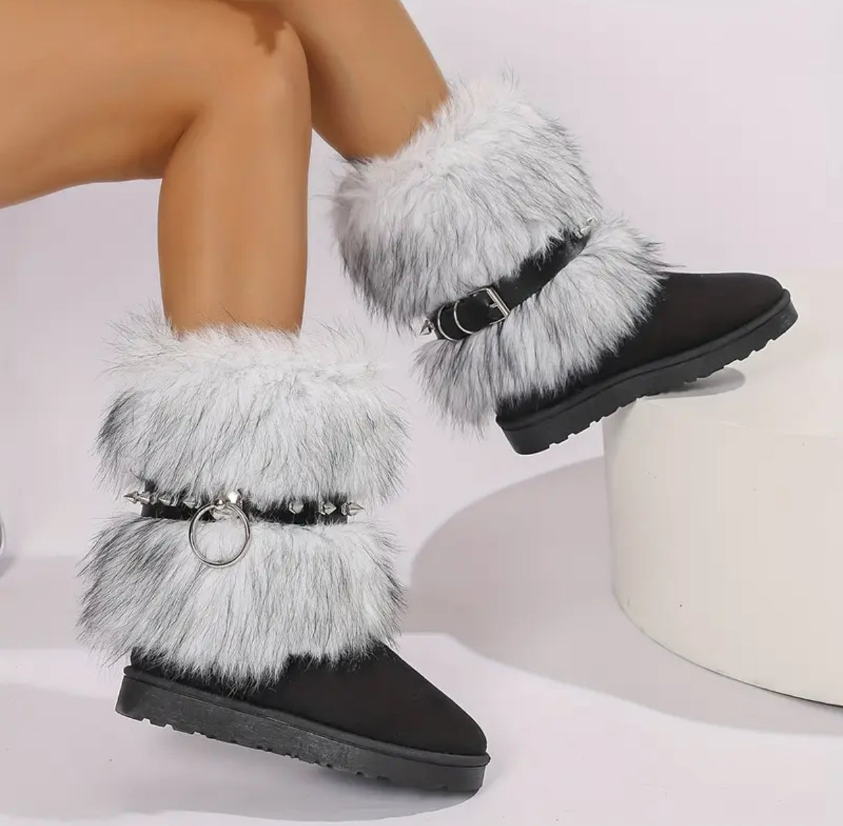 Fur Retro Belted Spike Boots