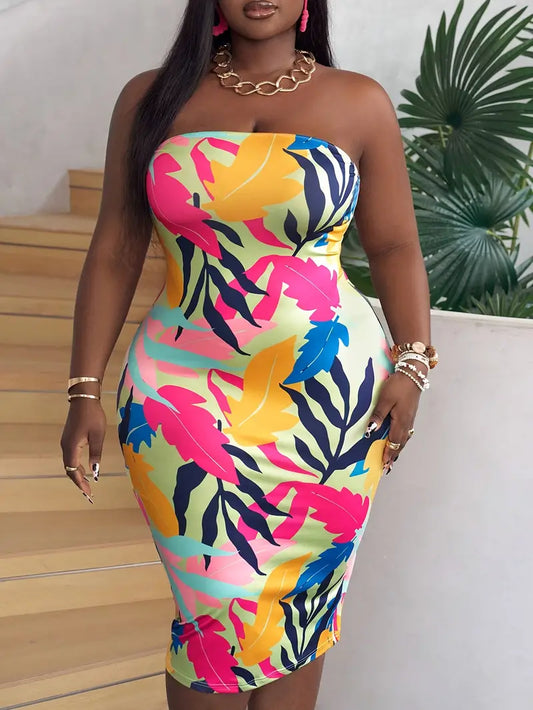 Tropical Print Strapless Dress