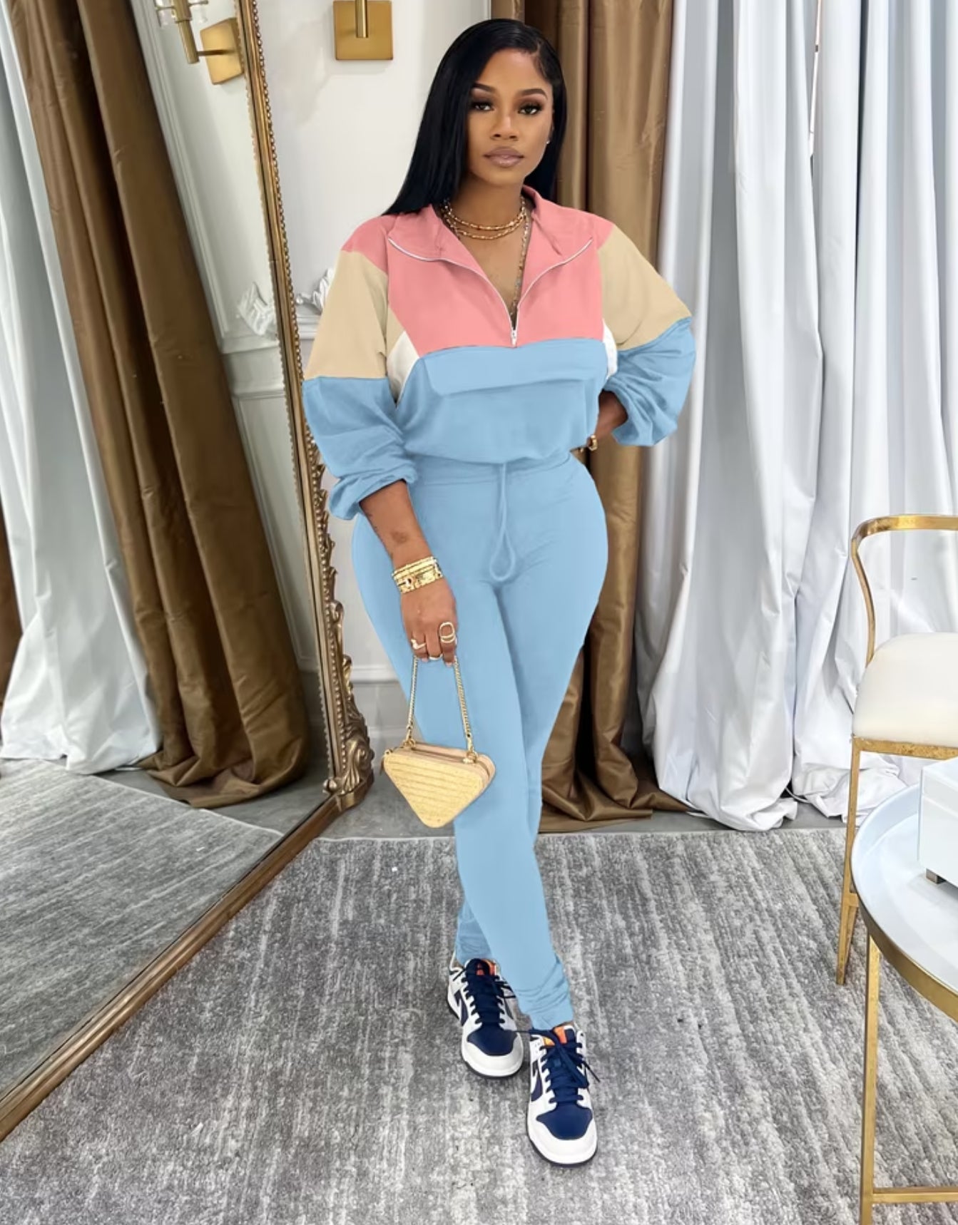 Solid Casual Quarter Zip Two Piece Set