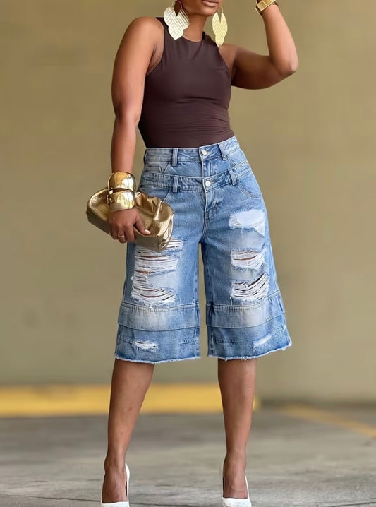 High Fashion Double Banded Distressed Shorts