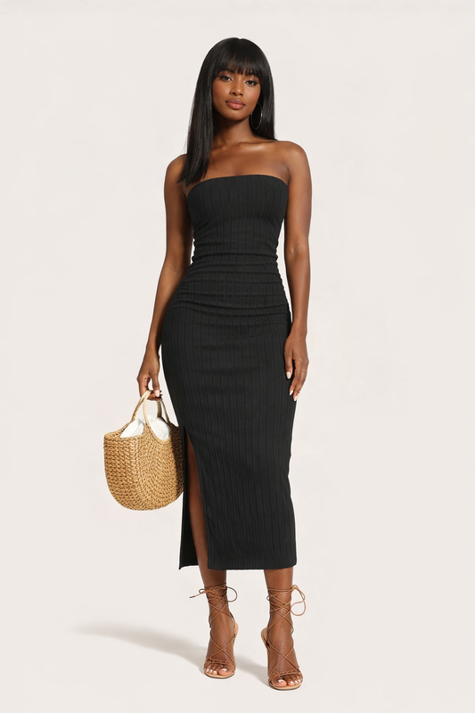 Elegant Strapless Side Split Black Dress