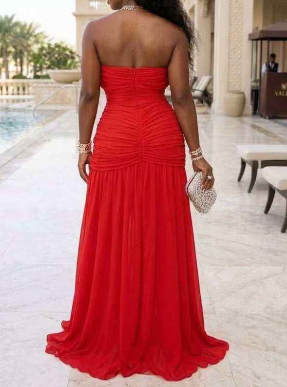 Sleek Elegant Strapless Split Maxi Dress