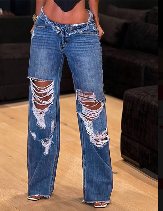 Raw & Edgy High Waisted Loose Distressed Denim Jeans