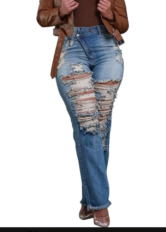 Distressed Frayed Hem Torn Denim Jeans with Fringe, Casual Everyday Fall/Winter