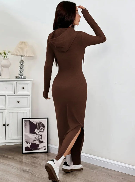 Casual Longsleeve Hooded Split Dress