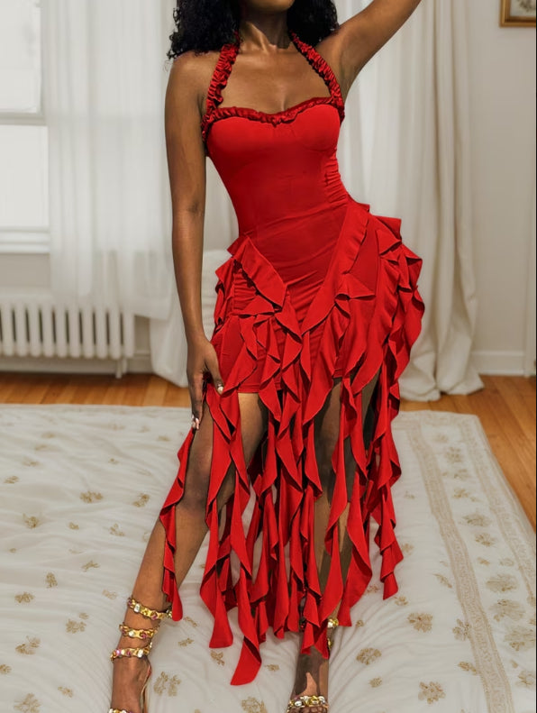 Sleek Chic Off The Shoulder Ruffled Frilled Evening Dress