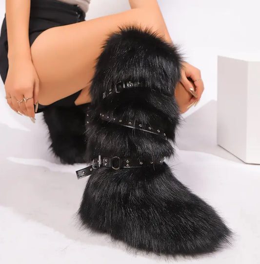 Retro Long Fur Belted Boots