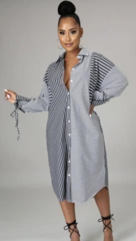 Fall Elegance Chic Striped Long-Sleeve Maxi Dresses