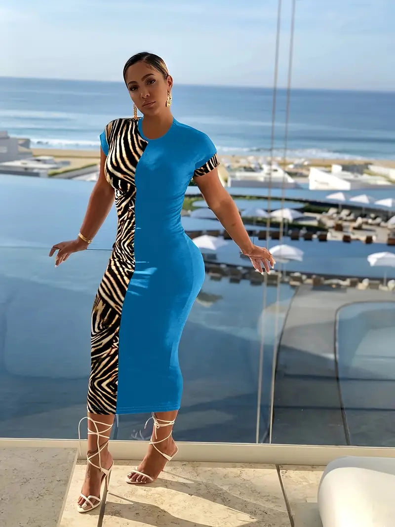 Bold Two Tone High Fashion Zebra Print Maxi Dress