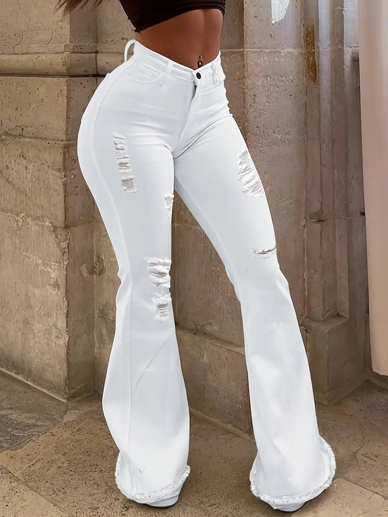 Ripped Wide Leg Chic Denim Jeans
