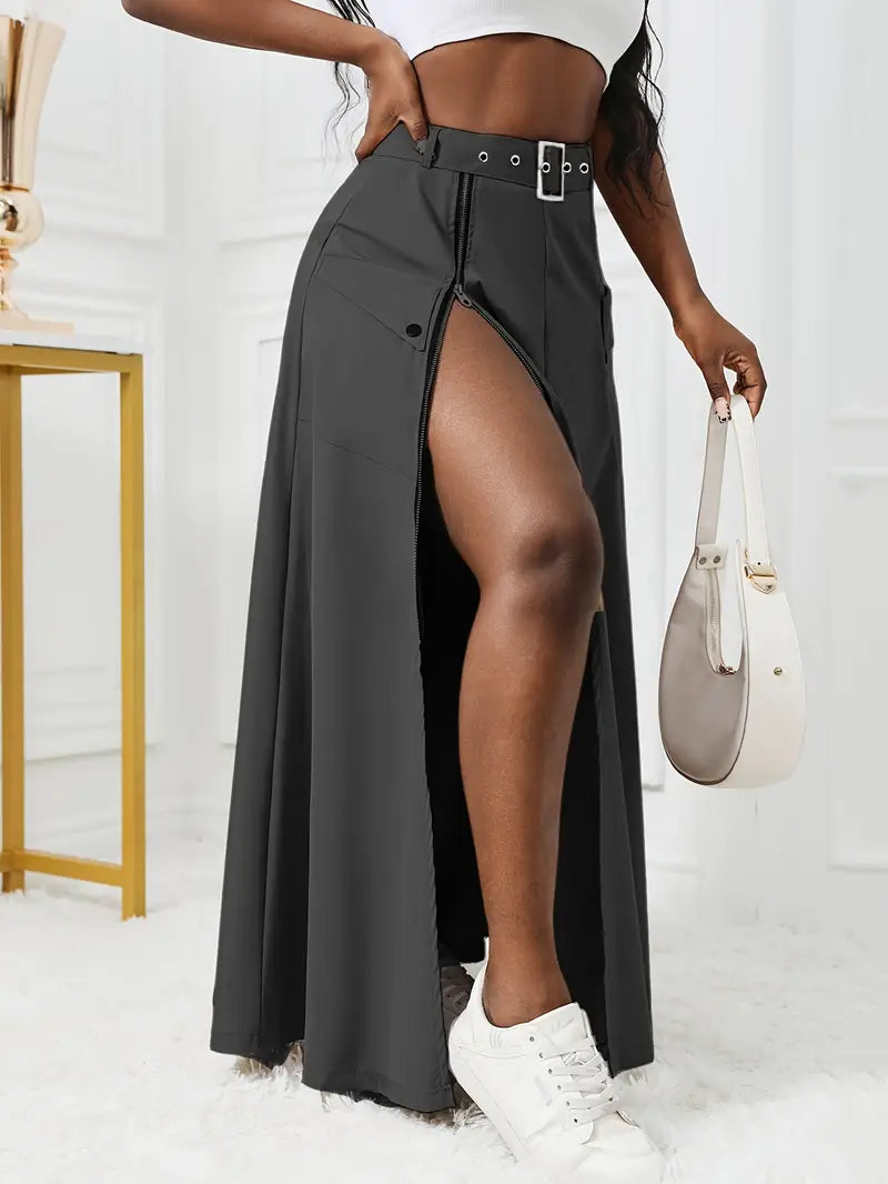 Long Chic Zip Flowy Cargo Skirt