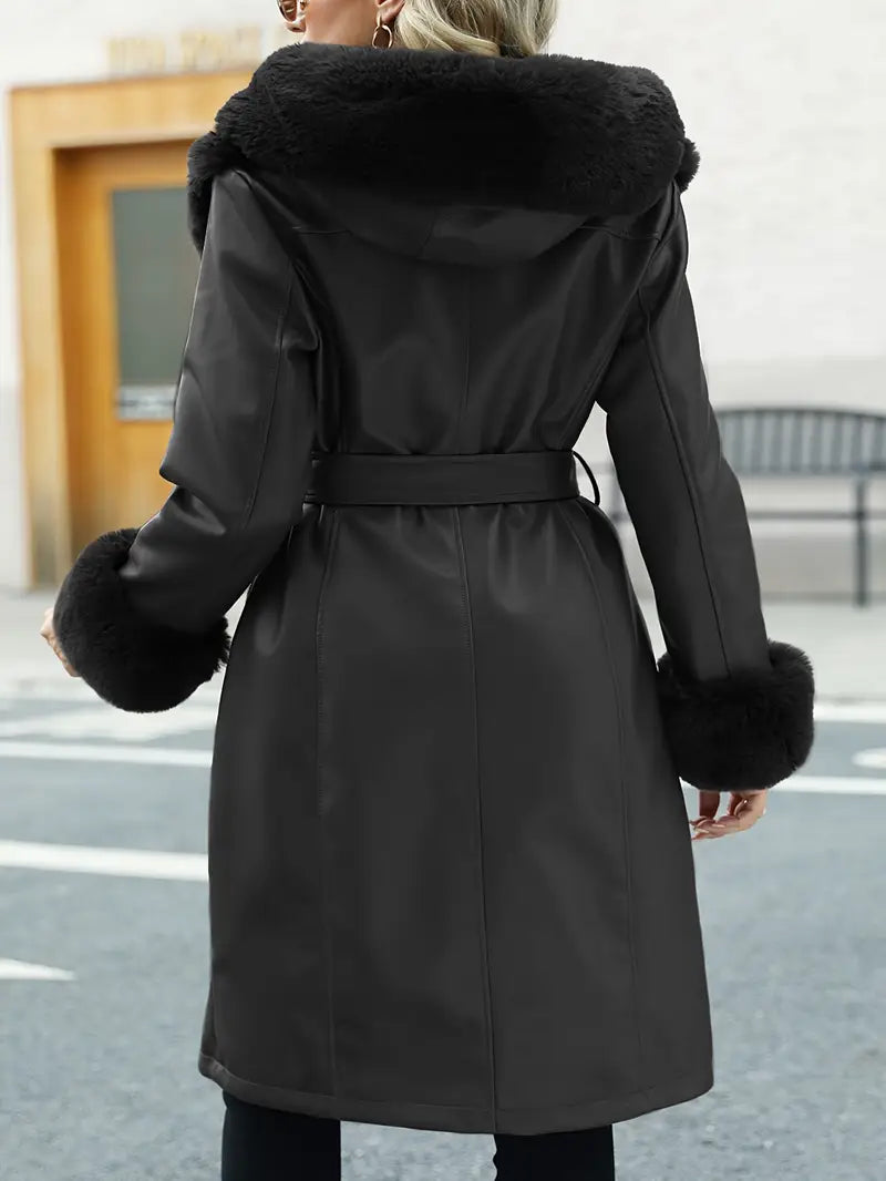 Elegant Leather Hooded Tunic Coat With Belt