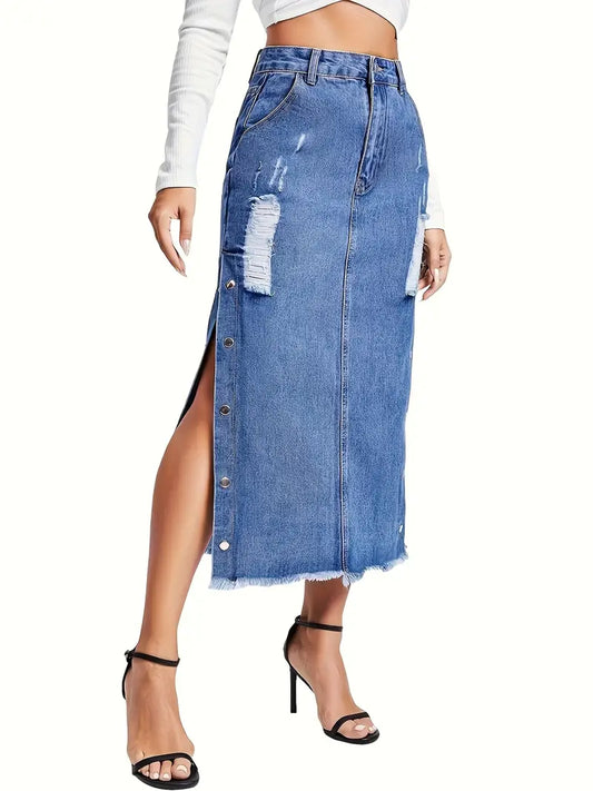 Distessed Edgy Split Denim Skirt