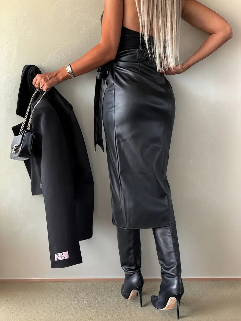 Elegant Solid Leather Split Skirt