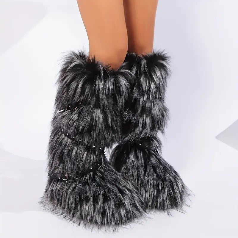 Retro Long Fur Belted Boots