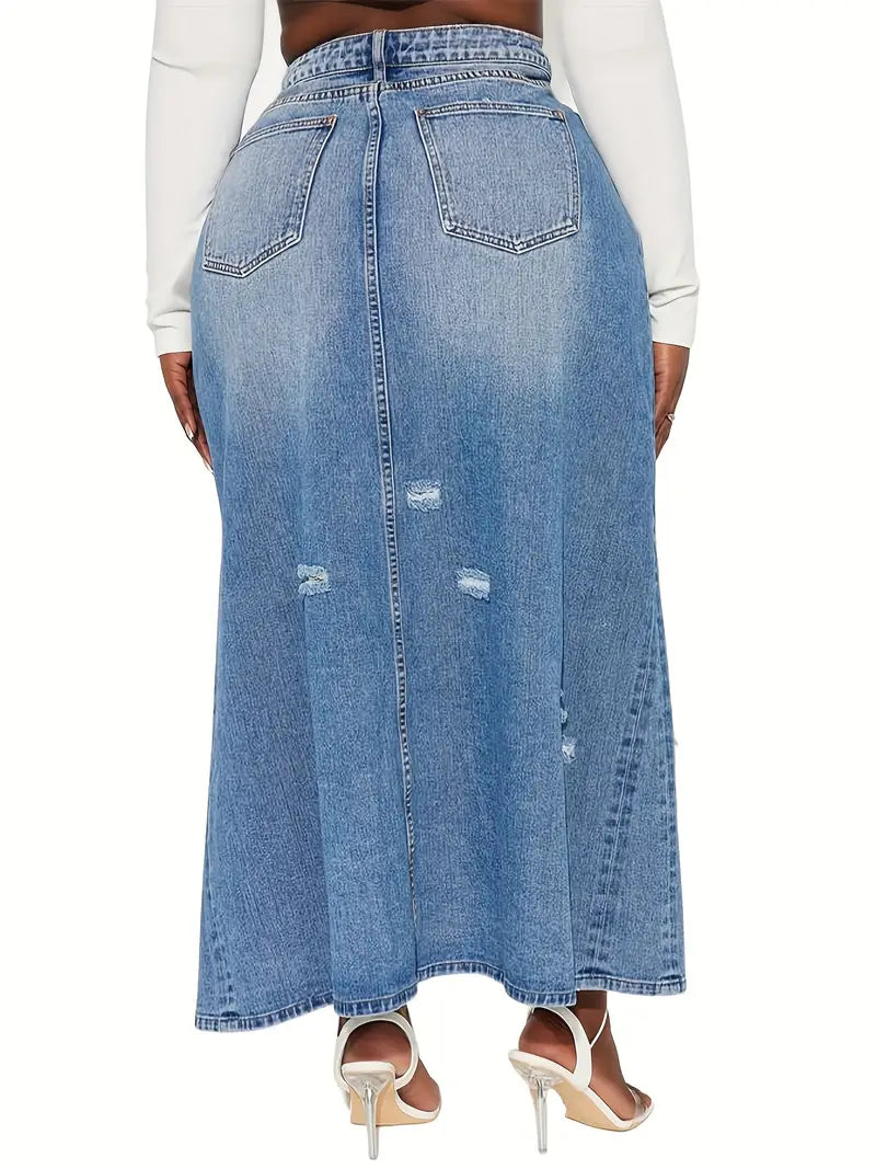 Elegant High Low Retro Distressed Denim Skirt