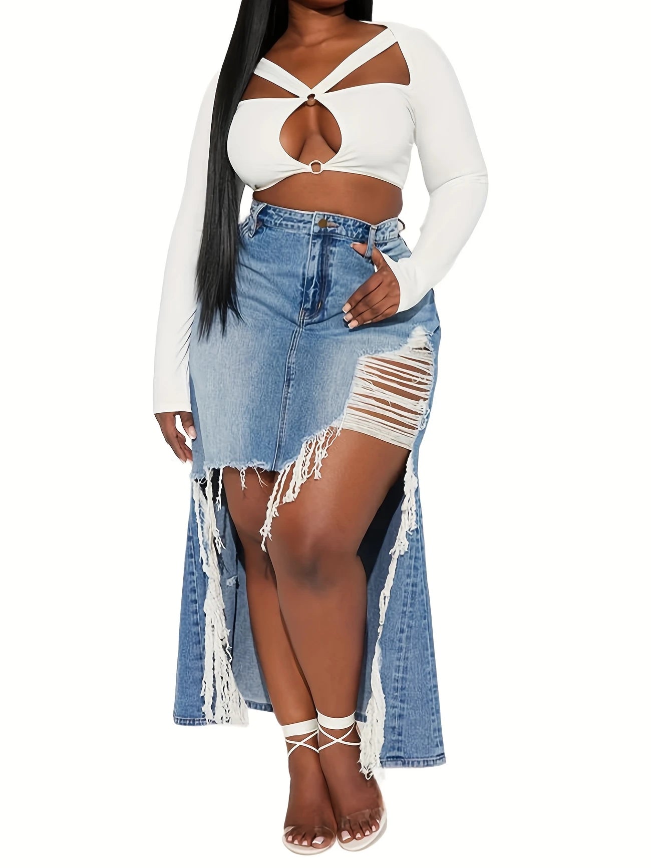 Elegant High Low Retro Distressed Denim Skirt