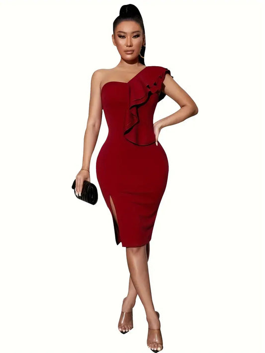 I Am Luxury High End One Shoulder Ruffle Trimmed Cocktail Dress