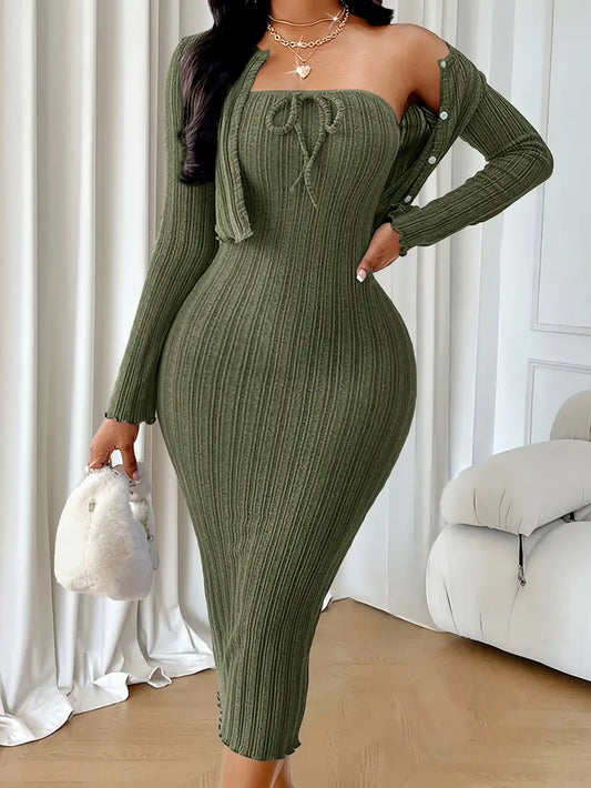 Sleek Bold Knitted Dress & Cardigan