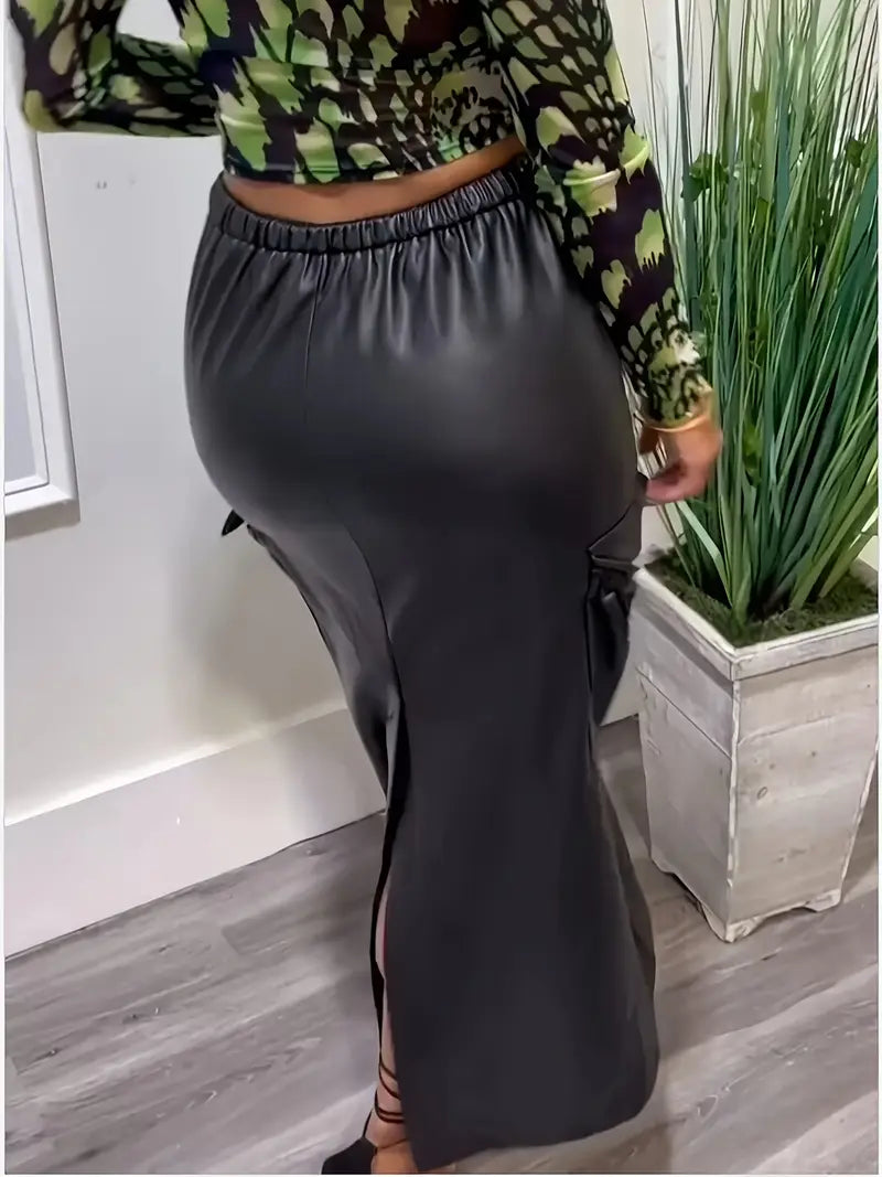 Stylish Leather Cargo Split Skirt