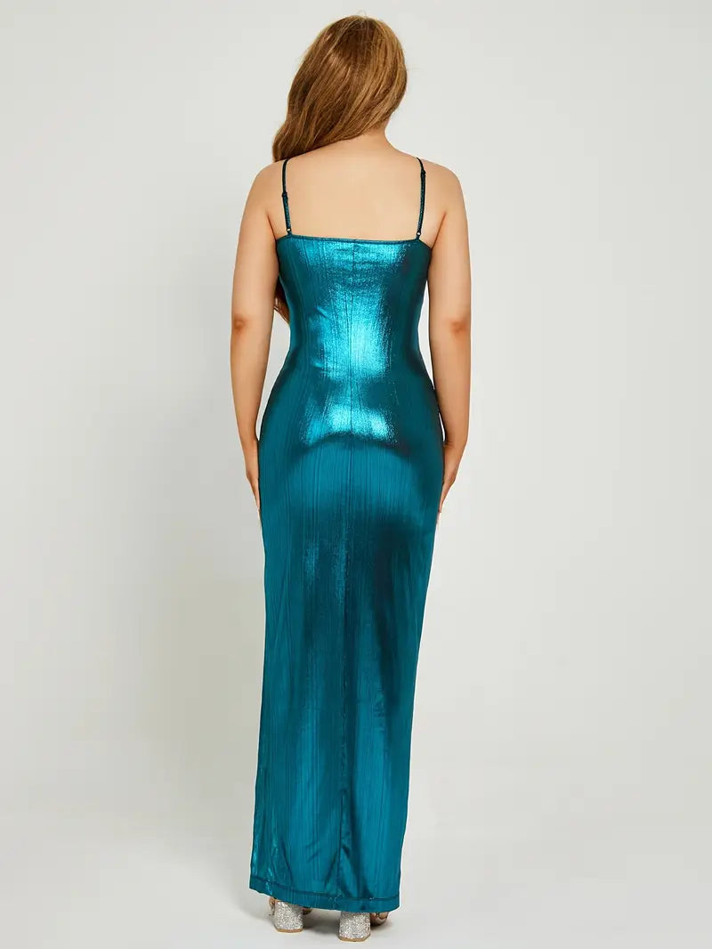 High Fashion Metallic Split Formal Dress