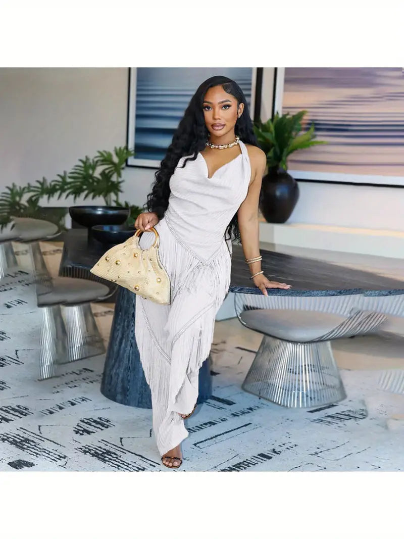 High End Sexy Backless Knitted Tassel Two Piece Set