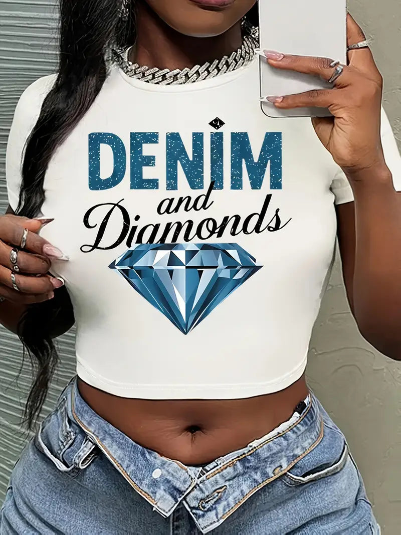 Denim & Diamonds Graphic Cropped Tee