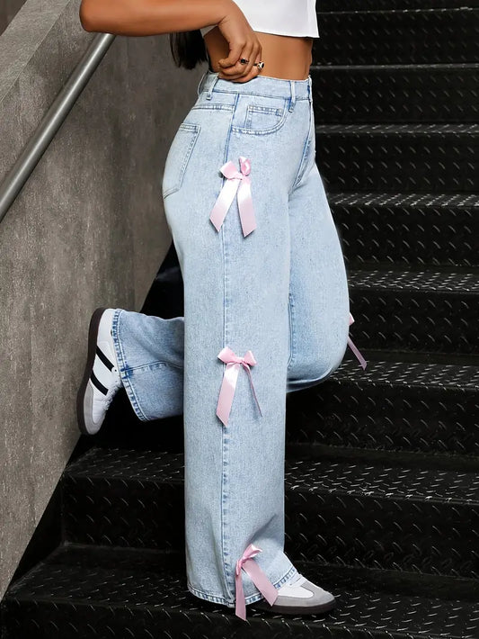 Elegant Pink Bow Denim Jeans