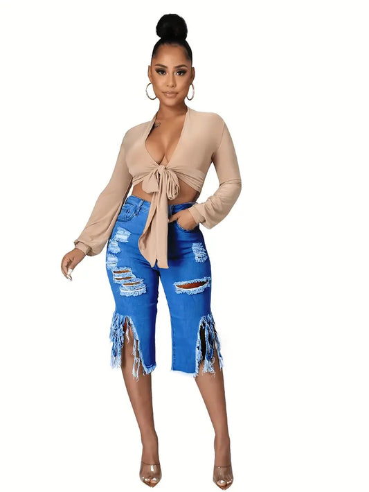 High End Distressed Denim Fringe Shorts