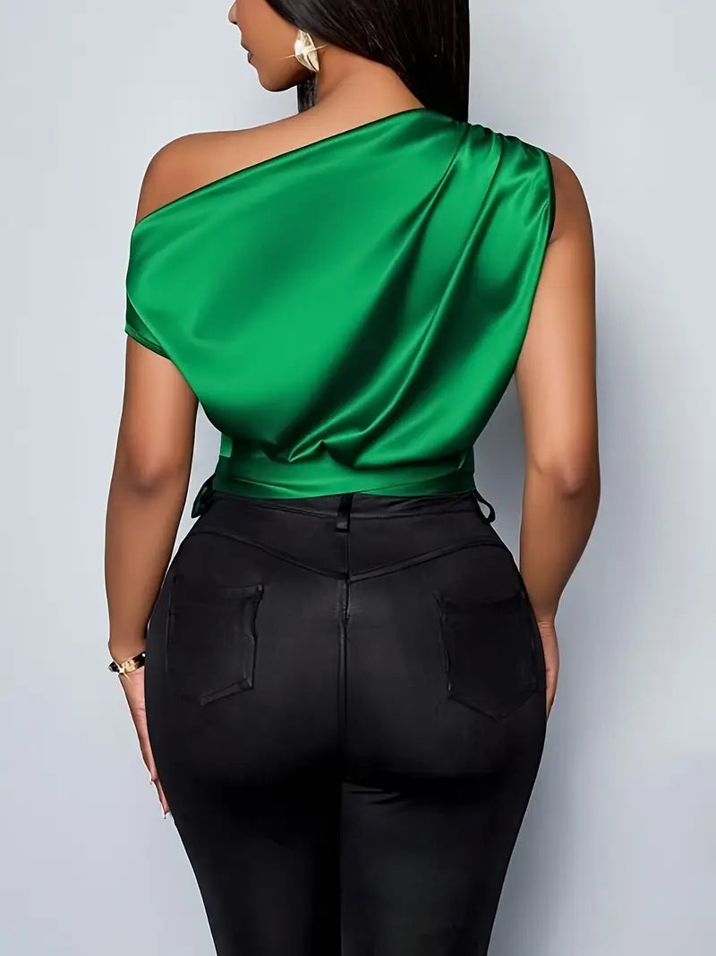 Elegant Off Shoulder Green Double Satin Top