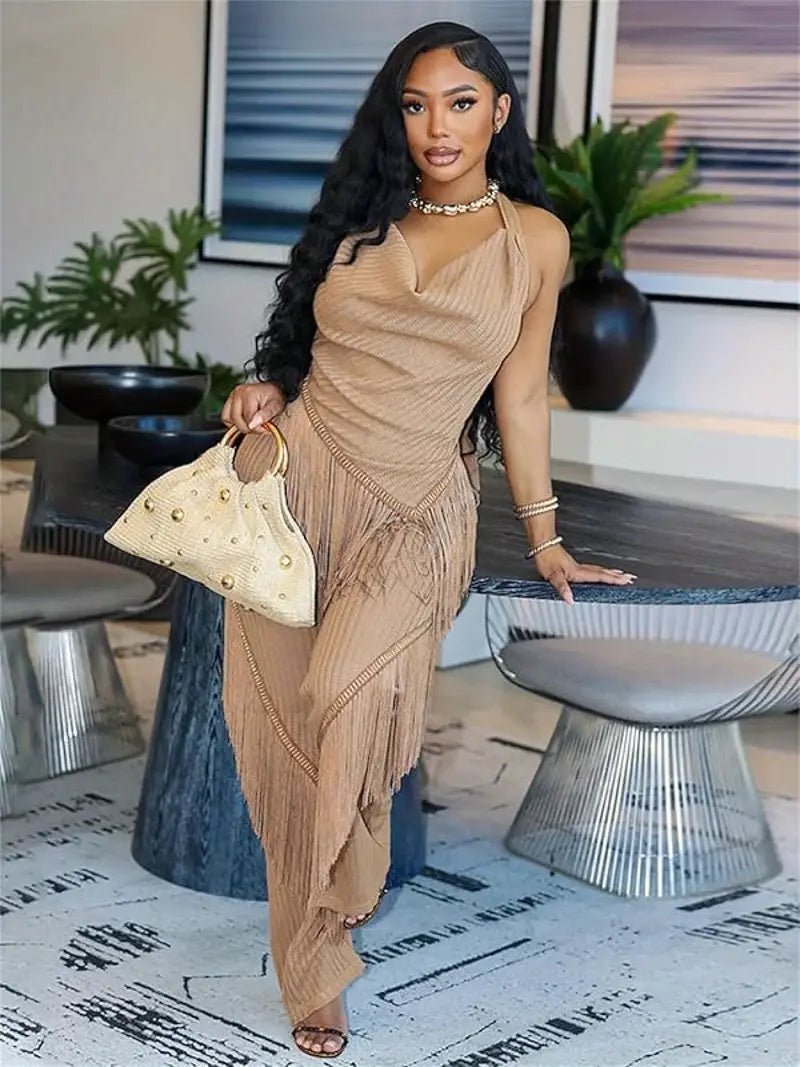 High End Sexy Backless Knitted Tassel Two Piece Set